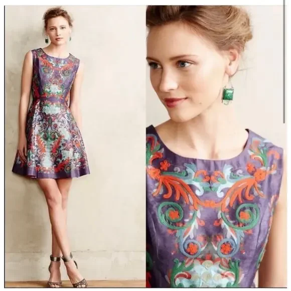 Anthropologie Pankaj & Nidhi Octave Floral Embroidered Applique Mini Dress 0
